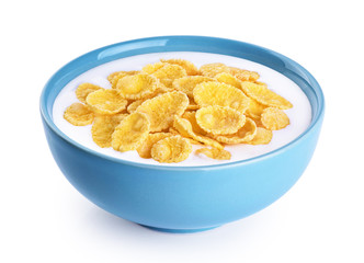 Bowl with cornflakes, milk, yogurt isolated on white background.