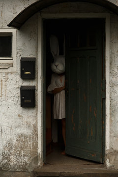 A man in a terrifying rabbit mask