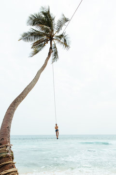 Man Swinging From A Palm Tree On A Beach
