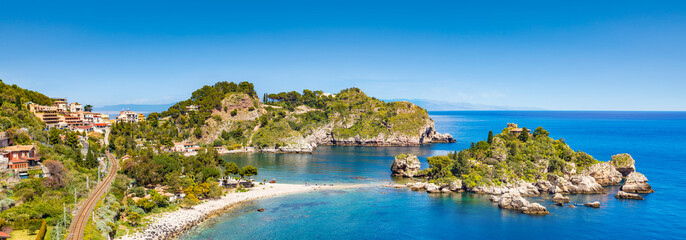 Panoramic view of Isola Bella small island near Taormina, Sicily, southern Italy