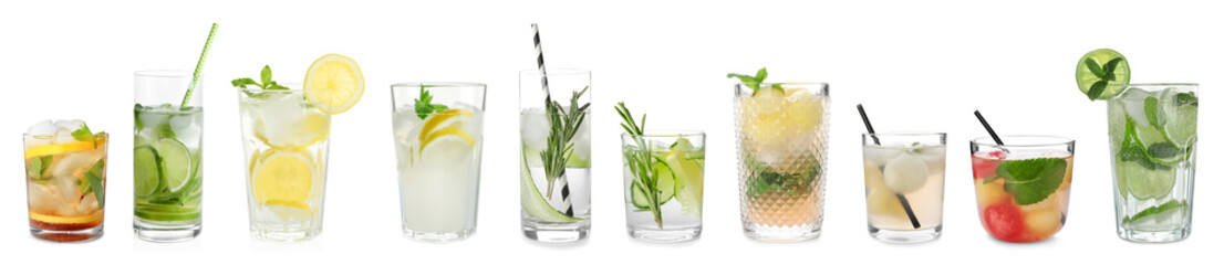 Set of different delicious cocktails on white background