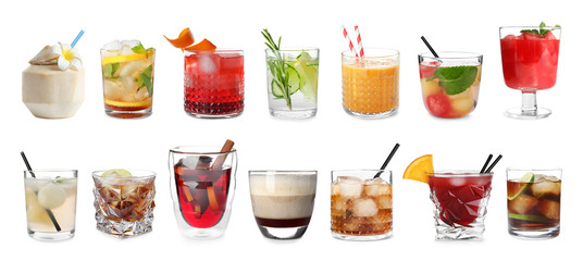Set of different delicious cocktails on white background - obrazy, fototapety, plakaty