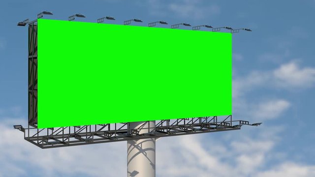 Green screen blank billboard outdoor advertising at blue sky with clouds time lapse background. Space available for advertising ro your message.