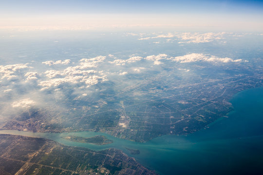 Aerial view of Detroit and the Detroit River