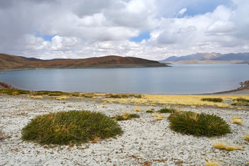 Great lakes of Tibet. Lake Rakshas Tal (Langa-TSO) in summer in cloudy day