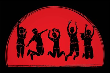 Group of children jumping, Happy Feel good cartoon graphic vector.