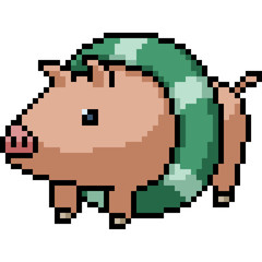 Obraz premium vector pixel art pig lifebuoy