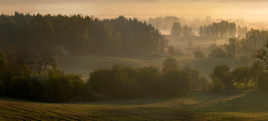 spring, misty morning over the valley,panorama