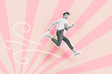 Fototapeta na wymiar Full length body size photo he his him guy jump high funky futuristic cartoon stylized illustration design painted into grey isolated colored pink circular vortex optical lines drawing background