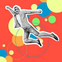 Portrait he his him guy jump fly help save human people futuristic stylized illustration design shirt jeans denim painted into grey isolated colored circles red yellow blue green drawing background