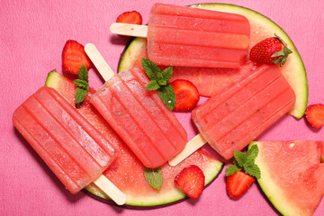 fruit ice cream with watermelon and strawberry, popsicles