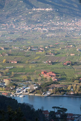 Fototapeta na wymiar View over Magra River and agricultural plain Tuscany Italy