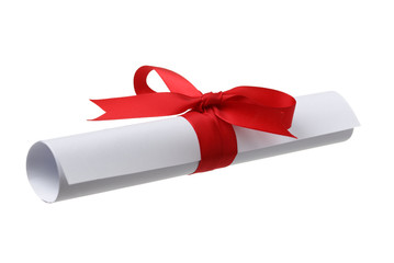 Diploma, close up of paper scroll with red ribbon isolated on white background