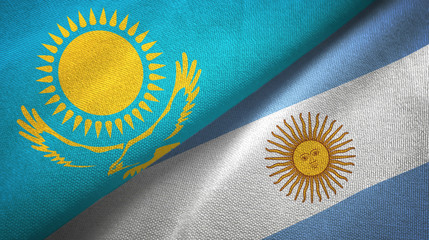 Kazakhstan and Argentina two flags textile cloth, fabric texture