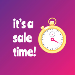 Sale banner with golden stopwatch on blight gradient background. Its a sale time. Vector illustration.