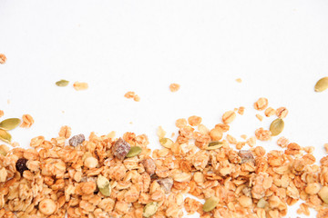 Crispy muesli dry Breakfast isolated on white background selective focus, top view