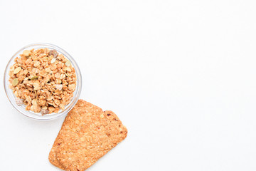 Crispy muesli dry Breakfast isolated on white background selective focus, top view copy space