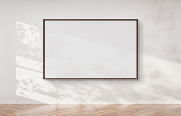 Wooden frame hanging on a wall mockup 3d rendering