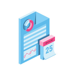 Document charts calendar 3d vector icon isometric pink and blue color minimalism illustrate