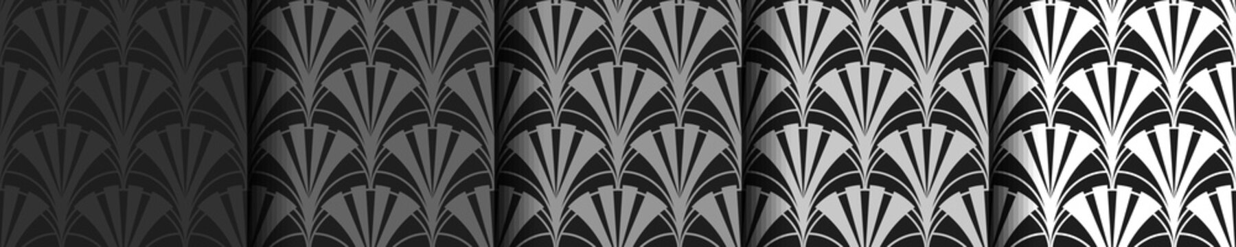 Art Deco Patterns Set. Grey and white backgrounds. Fan scales ornaments. Geometric decorative digital papers. Vector retro design. 1920-30s motifs. Luxury vintage illustration