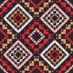 Ethnic boho seamless pattern. Embroidery on fabric. Patchwork texture. Weaving. Traditional ornament. Tribal pattern. Folk motif. Can be used for wallpaper, textile, invitation card, wrapping, web pag