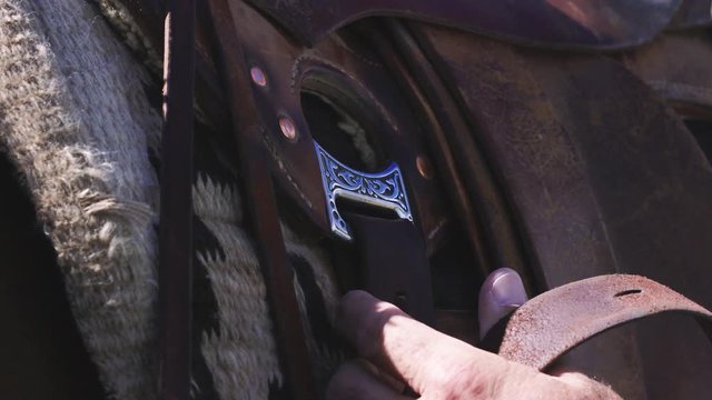 Silver buckle on horse riding saddle, close up shot as rancher saddles horse
