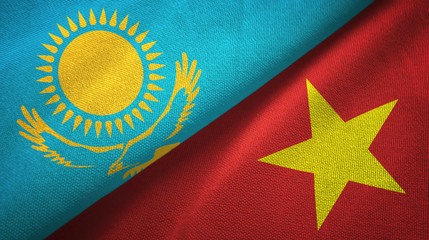 Kazakhstan and Vietnam two flags textile cloth, fabric texture