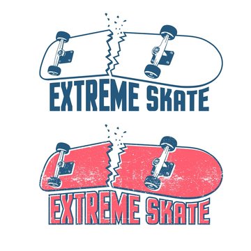 Broken skateboard emblem in vintage print style. Extreme skate sticker. Grunge distressed texture on a separate layer.