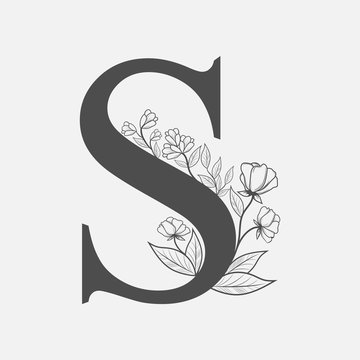 Uppercase Letter S with flowers and branches. Vector flowered monogram or logo. Hand Drawn concept. Botanical design branding. Composition of letter and flowers for wedding card, invitations, brand