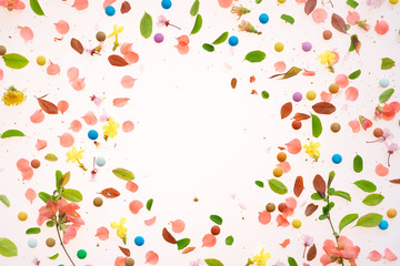 Colorful springtime background flat lay top view