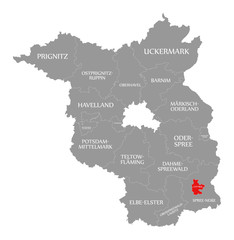 Cottbus county red highlighted in map of Brandenburg Germany
