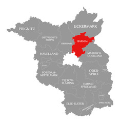 Barnim county red highlighted in map of Brandenburg Germany