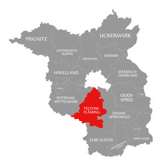 Teltow-Flaeming county red highlighted in map of Brandenburg Germany