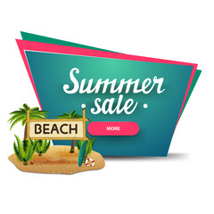 Summer sale, discount banner with a button, coconut palms and bamboo sign with the inscription "beach"