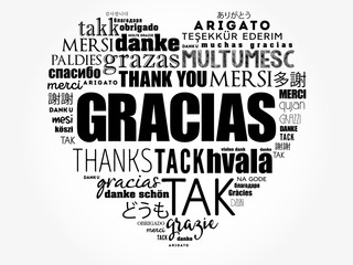 Gracias (Thank You in Spanish) love heart Word Cloud in different languages of the world