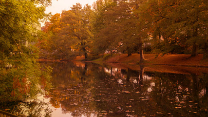 view from the park of Bremen Germany, autumn with brightly colored leaves, and reflection of water