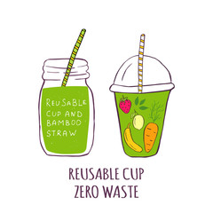 Hand drawn glass with smoothies for Zero waste lifestyle,  green detox. Organic fruit shake cocktail.