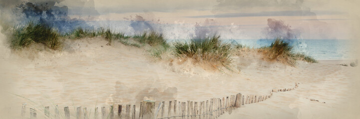 Watercolor painting of Panorama landscape of sand dunes system on beach at sunrise
