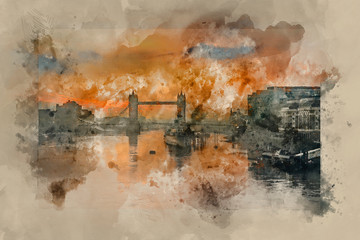 Fototapeta na wymiar Watercolor painting of Golden Autumn sunrise over Tower Bridge in London.