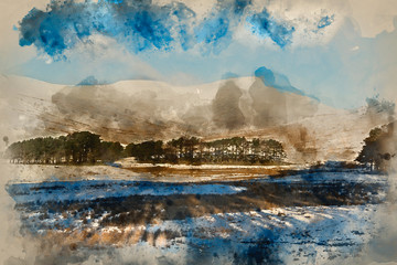 Watercolor painting of Fresh Winter landscape of snow covered mountain range and forest