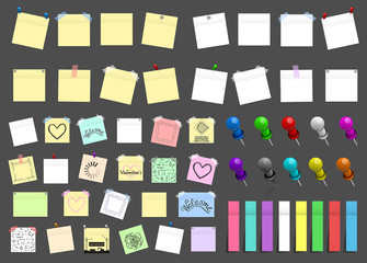 Mega pack of colored office paper stickers and metal pins with shadows isolated on grey background. Reminder tag elements mock up. Vector illustration