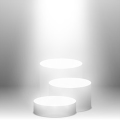 Round pedestal sanctified with light. Empty white podium illuminated mockup isolated. Champion, first place, award, win, winner, award stair concept design. Vector