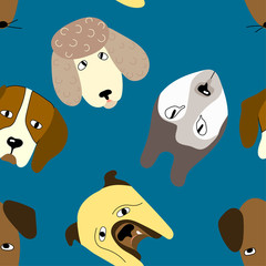 Seamless pattern with  cute  heads of dogs on the dark blue background. Funny cartoon dogs repeat background for fabrics or wallpapers.