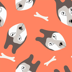 Seamless pattern with  cute heads of  husky dogs with bones on the pink background. Funny cartoon dogs repeat background for fabrics or wallpapers.