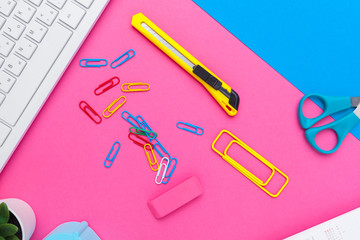 Working table in children room interior. Close-up of cozy workspace in student's room