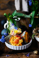 Breakfast muffins with egg and sausages.selective focus