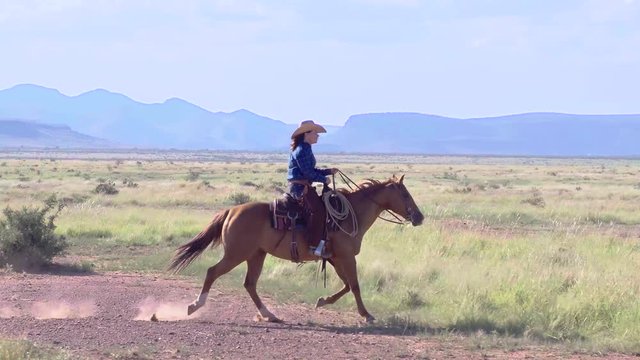 Texan Cowgirl Rancher Riding In Frame Through Countryside, Slow Motion