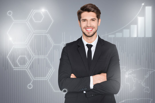 Close up mixed creative design stylized graphic virtual poster photo confident he him his business guy social marketing futuristic pattern wear white shirt crossing hands isolated grey background