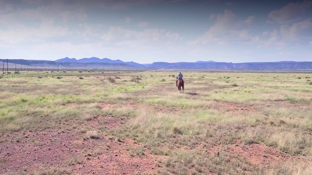 Bandit Riding Across Open Prairies of Old West 4k, Aerial View