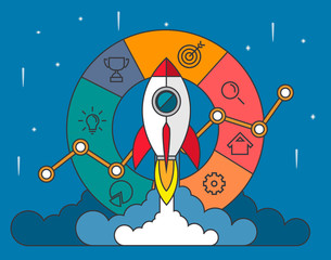 Startup - flat design. Rocket launch and smoke. Startup project concept. Vector illustration. EPS10